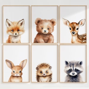Digital Woodland Baby Animal Wall Art – Set of 6 Printable Nursery Prints, Fox, Deer, Raccoon, Bear, Rabbit, Gender Neutral Decor