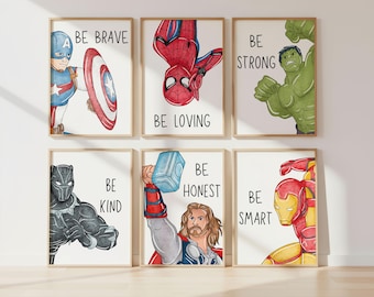 Superhero Affirmation Prints: Set of 6 Boys Room Posters (Digital Download)