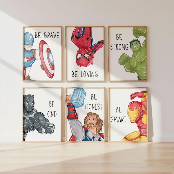 Superhero Affirmation Prints: Set of 6 Boys Room Posters (Digital Download)