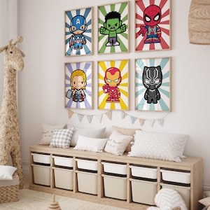 Superhero Chibi Wall Art – Set of 6 Hero Prints for Boys Room, Playroom or Nursery Decor
