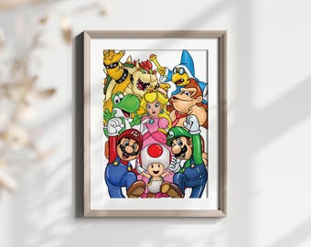 マリオと仲間たちのウォールアート – 子供向けゲームルーム用プリント