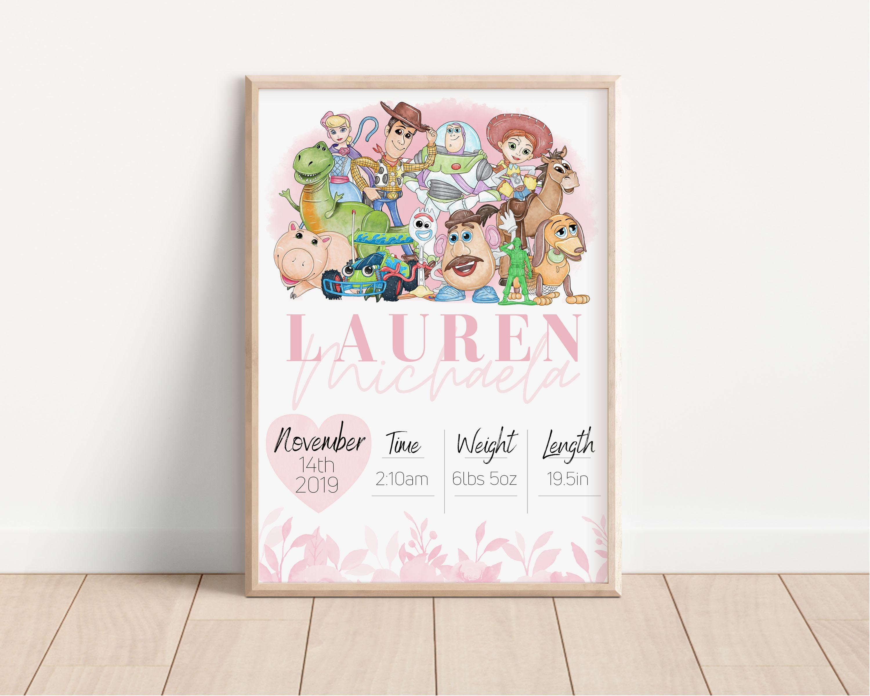 Digital Toy Pals Personalised Birth Print – Custom Baby Gift, Girls Nursery Poster, Birth Stats Keepsake, Playroom Wall Art
