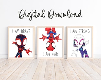 Colorful Web Hero Affirmations – Set of 3 Digital Prints, I Am Brave, I Am Kind, I Am Strong, Instant Download