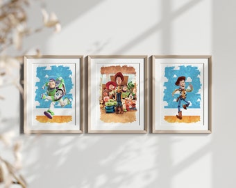 トイ・ストーリー油絵風プリント：子供部屋用ウォールアート3枚セット