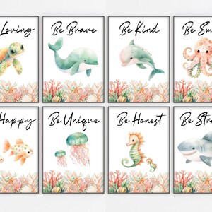 May include: Eight framed art prints with watercolor illustrations of sea creatures, including a turtle, dolphin, octopus, and shark. Each print features a motivational word: Loving, Brave, Kind, Smart, Happy, Unique, Honest, and Strong.