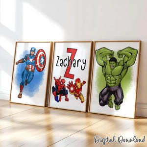 Digital Superhero Theme Personalised Name Prints – Set of 3 Wall Art Designs for Boys Room, Instant Download