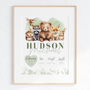 Personalisierte Waldtiere Geburt Druck - Wald Kinderzimmer Wand Kunst, personalisiertes Baby Name Poster, Sofort Download Geschenk
