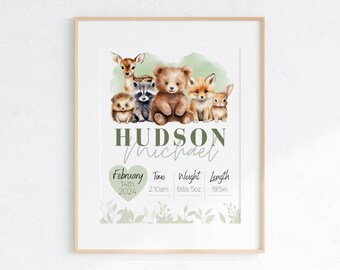 Woodland Animals Birth Poster: Set of Personalized Forest Nursery Prints (Digital Download)