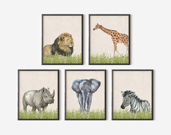 Safari Animal Wall Art – Jungle Nursery Prints, Set of 5 (Printed or Framed)