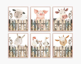 Farm Animal Wall Art – Set of 6 Prints, Baby Room Decor (Printed or Framed)