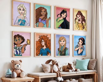 プリンセス風子供部屋用プリント：カラフルな子供部屋用ウォールアート