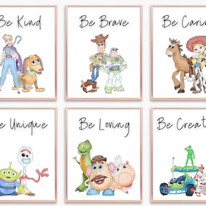 Stampe digitali con affermazioni a tema giocattolo – Set di 6 poster "BE" (gentile, coraggioso, creativo) per la cameretta dei bambini, l'asilo nido o la sala giochi