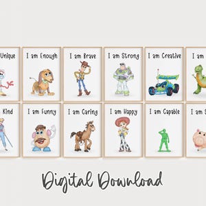 Láminas digitales de afirmación con temática de juguetes: juego de 14 carteles «YO SOY» (Valiente, Amable, Fuerte) para decorar la habitación de un bebé o un niño.
