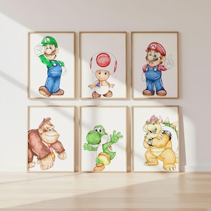 May include: Six framed watercolour prints showcasing characters from the Super Mario video game series. The characters include Luigi, Toad, Mario, Donkey Kong, Yoshi, and Bowser. Each character is depicted in a colourful, cartoon style, set against a white background.