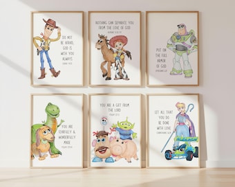 Bible Verse Wall Art – Toy Pals Nursery Prints, Set of 6 (Printed or Framed)