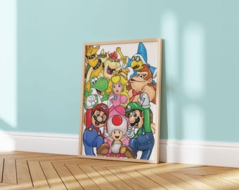 マリオと仲間たちのウォールアート – 子供向けゲームルーム用プリント