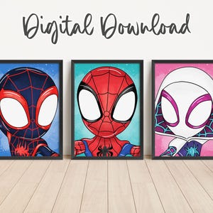 Héroes Web de Cabeza Gigante: Juego de 3 impresiones digitales coloridas, descarga instantánea, decoración de pared para habitación infantil o guardería.