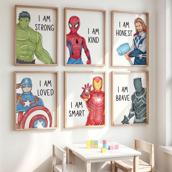 Superhero Affirmation Wall Art – Kids Room Prints, Set of 6 (Printed or Framed)