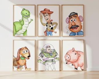 Muurkunst speelgoedpersonage, set van 6 prenten, bedrukt of ingelijst