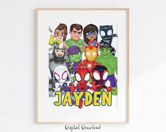 Personalized Spidey & Friends Portrait Print – Superhero Kids Room Wall Art (Digital Download)