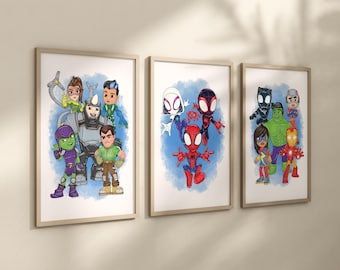 Arte de parede para impressão de super-heróis – Conjunto de 3 impressões para quarto infantil (download digital)