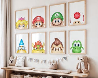 May include: Eight framed watercolor-style art prints arranged in two rows on a wall. The prints feature close-up illustrations of characters including Princess Peach, Mario, Luigi, Toad, Kamek, Bowser, Donkey Kong, and Yoshi in light wood frames.