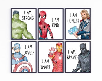 Digital Superheroes with 'I AM' Affirmations, Set of 6 Prints, Boy Bedroom Decor, Kids Printable Wall Art, I am Kind, I am Brave