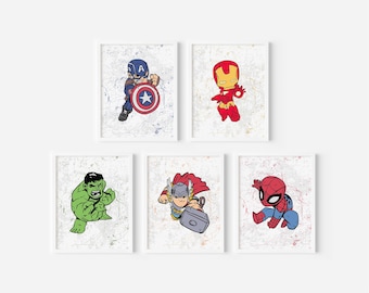 Rustic Superhero Prints – Set of 5, Boys Room Wall Art, Printed or Framed