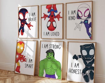 Superhero Affirmation Prints – Set of 6 Spidey and Friends Kids Room Decor (Digital Download)