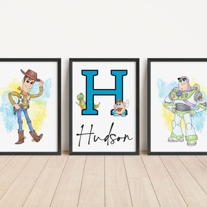 Toy Inspired Wall Art with Personalised Name, Set of 3 Nursery Prints, Playroom Decoration, Digital Download, Child's Room