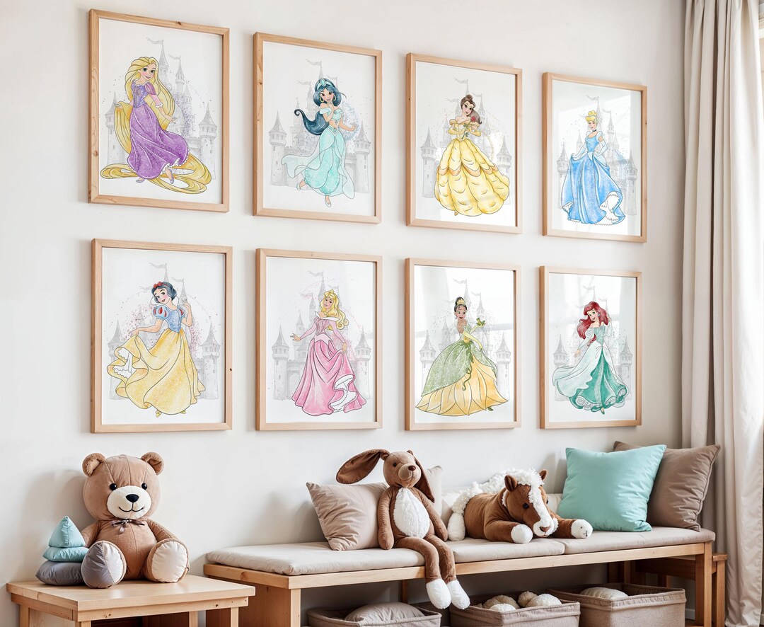 水彩画風プリンセスプリント：おとぎ話をテーマにした子供部屋用