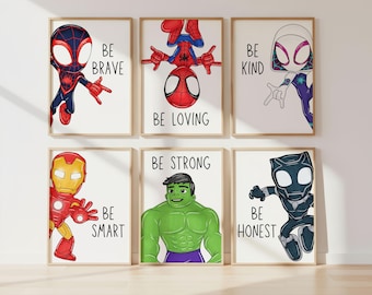 Op de afbeelding: Zes ingelijste kunstprints met Marvel-superhelden. Elke print heeft een superheldenillustratie en een inspirerend woord: Brave, Loving, Kind, Smart, Strong en Honest. De prints hebben een witte achtergrond en een houten lijst.