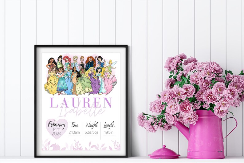 Princess Birth Stats Poster: Set of Custom Baby Name Prints (Digital Download) image 3