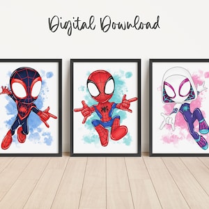 Bunte Web Heroes Wandkunst - 3er Set Digitaldrucke mit Aquarell Splatter, Sofortdownload für's Kinderzimmer oder Kinderzimmer