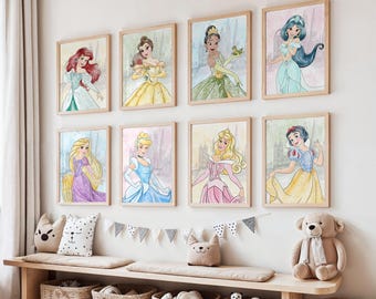 Princess Watercolor Wall Art – Nursery Girls Room Prints, Set of 8 (Printed or Framed)