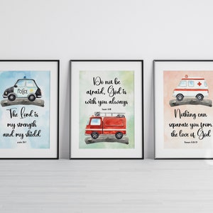 Watercolor Emergency Vehicles Bible Verse Wall Art – Set of 3 Prints for Nursery or Playroom, Christian Boys Room Decor