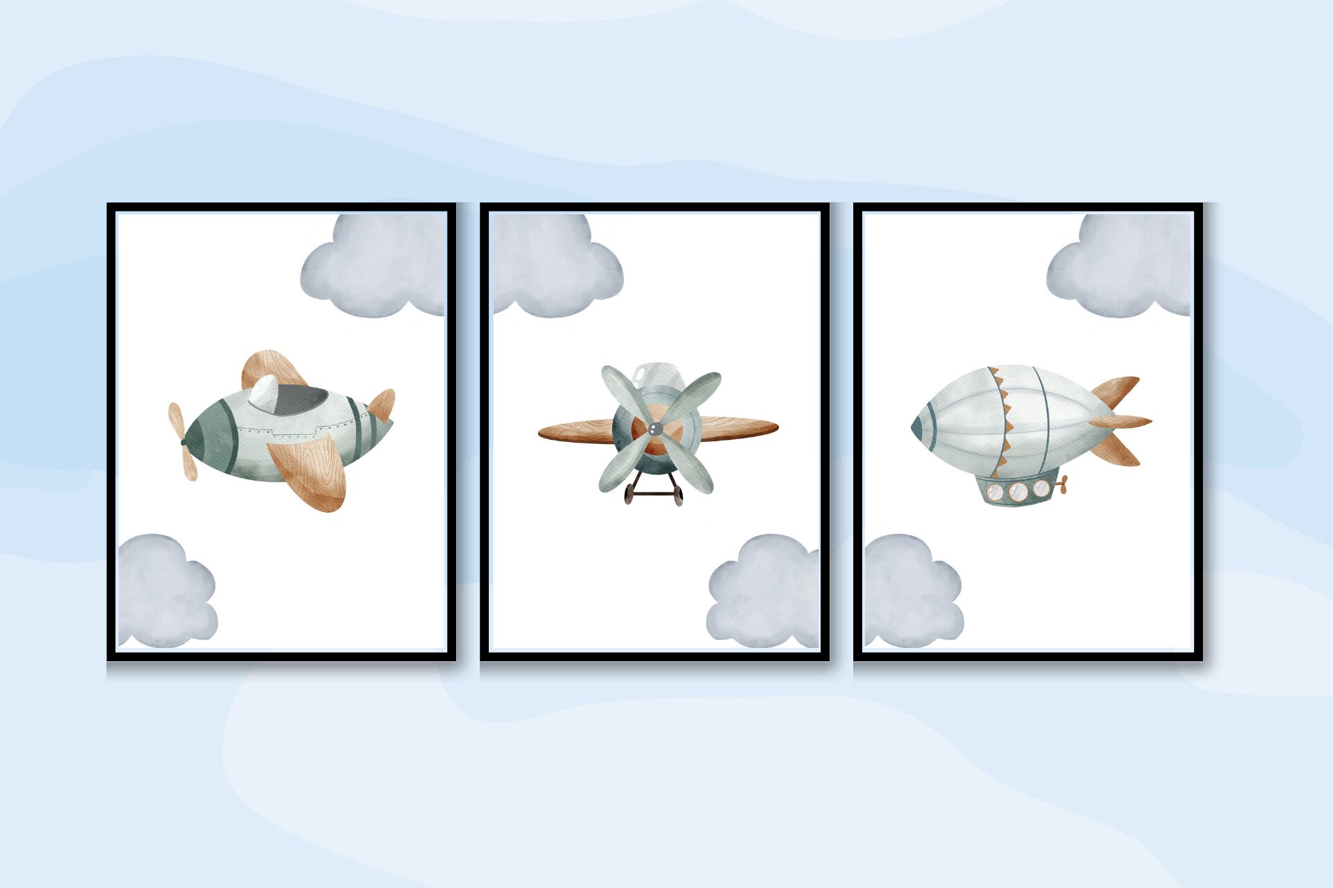 Airplane Nursery Art Set of 3 Prints Baby Boy Nursery Etsy