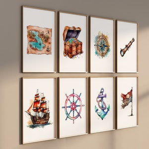Art mural numérique pirate – lot de 8 impressions nautiques imprimables pour chambre de bébé, bateau pirate, carte au trésor, ancre, télescope, décoration de chambre de garçon