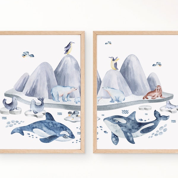 Arctic Animals, Set of 2 Prints, Penguin, Polar Bear Nursery, Winter Animals, Whale Print, Arctic Nursery Wall Art, Ocean Prints