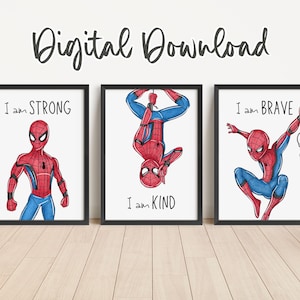 Digital Superhero Affirmation Prints – Set of 3 ‘I AM’ Posters (Strong, Kind, Brave) for Boys Room or Nursery Decor