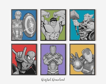 Könnte beinhalten: Sechs gerahmte Kunstdrucke mit Superhelden: Captain America, Hulk, Thor, Spider-Man, Black Panther und Iron Man. Jede Figur ist in Graustufen vor einem farbigen Hintergrund dargestellt. Der Text "Digital Download" ist unten sichtbar.