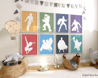 Superhero Silhouette Wall Art – Set of 8, Boys Nursery Prints, Printed or Framed