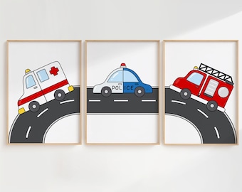 Emergency Vehicle Wall Art – Set of 3, Printed or Framed Nursery Decor