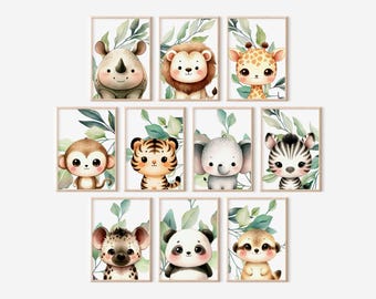 Jungle Animal Wall Art – Set of 10, Safari Nursery Prints, Printed or Framed