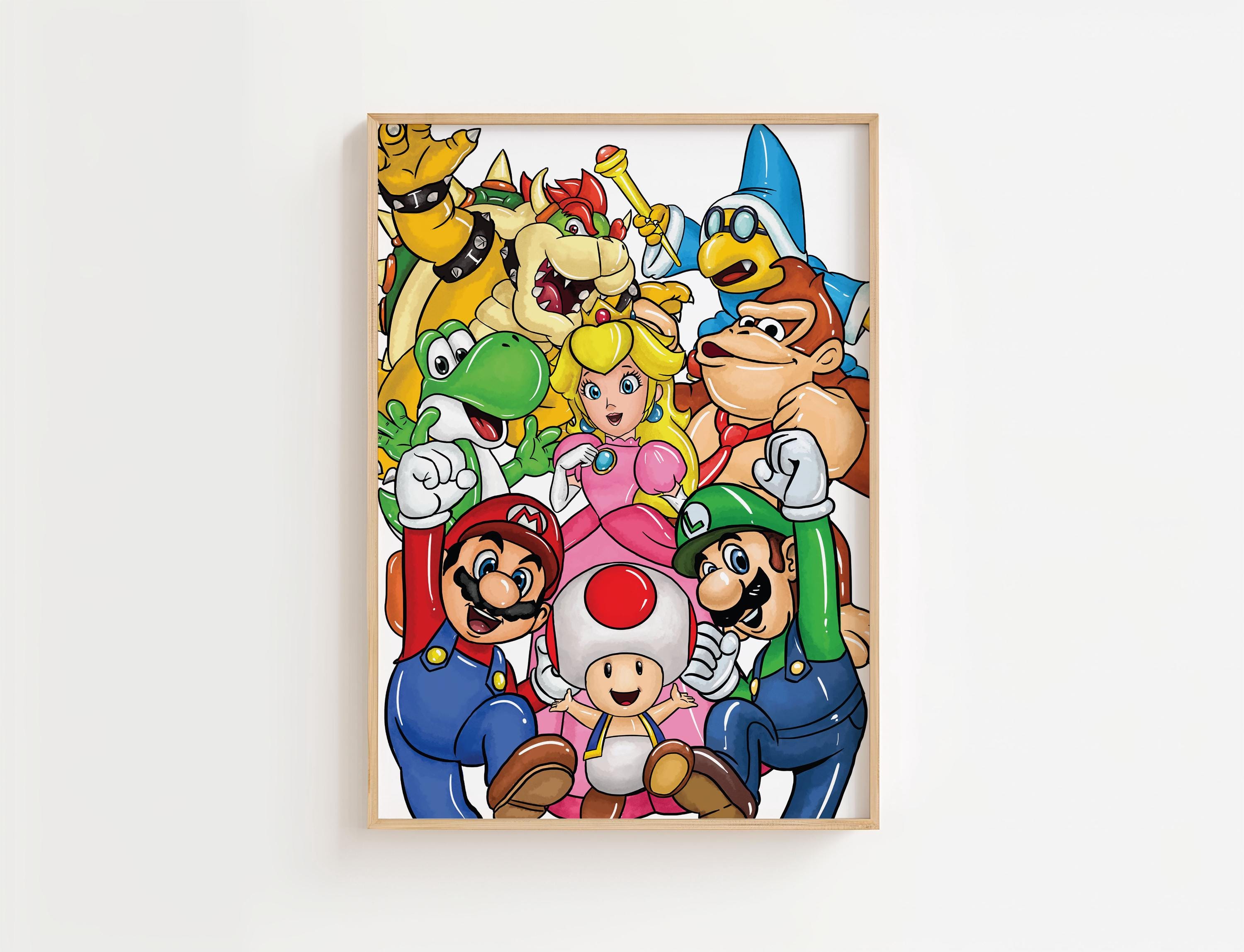 マリオと仲間たちのウォールアート – 子供向けゲームルーム用プリント