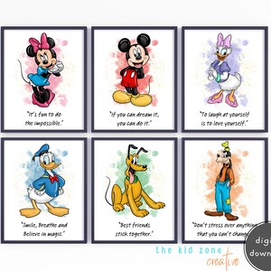 Stampe con citazioni classiche di Topolino e i suoi amici - Set di 6 stampe digitali da parete per la cameretta dei bambini, download immediato