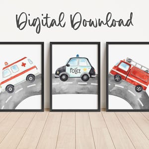 Digitales Aquarell Rettungsfahrzeug-Wandkunst - 3er-Set druckbare Kinderzimmerposter, Polizeiauto, Feuerwehrauto, Krankenwagen, Jungenzimmerdekor