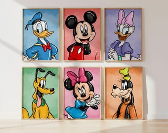 May include: Six framed cartoon character prints featuring Donald Duck, Mickey Mouse, Daisy Duck, Pluto, Minnie Mouse, and Goofy. Each character is depicted in a colorful, stylized illustration with a solid background. The frames are a light brown color.