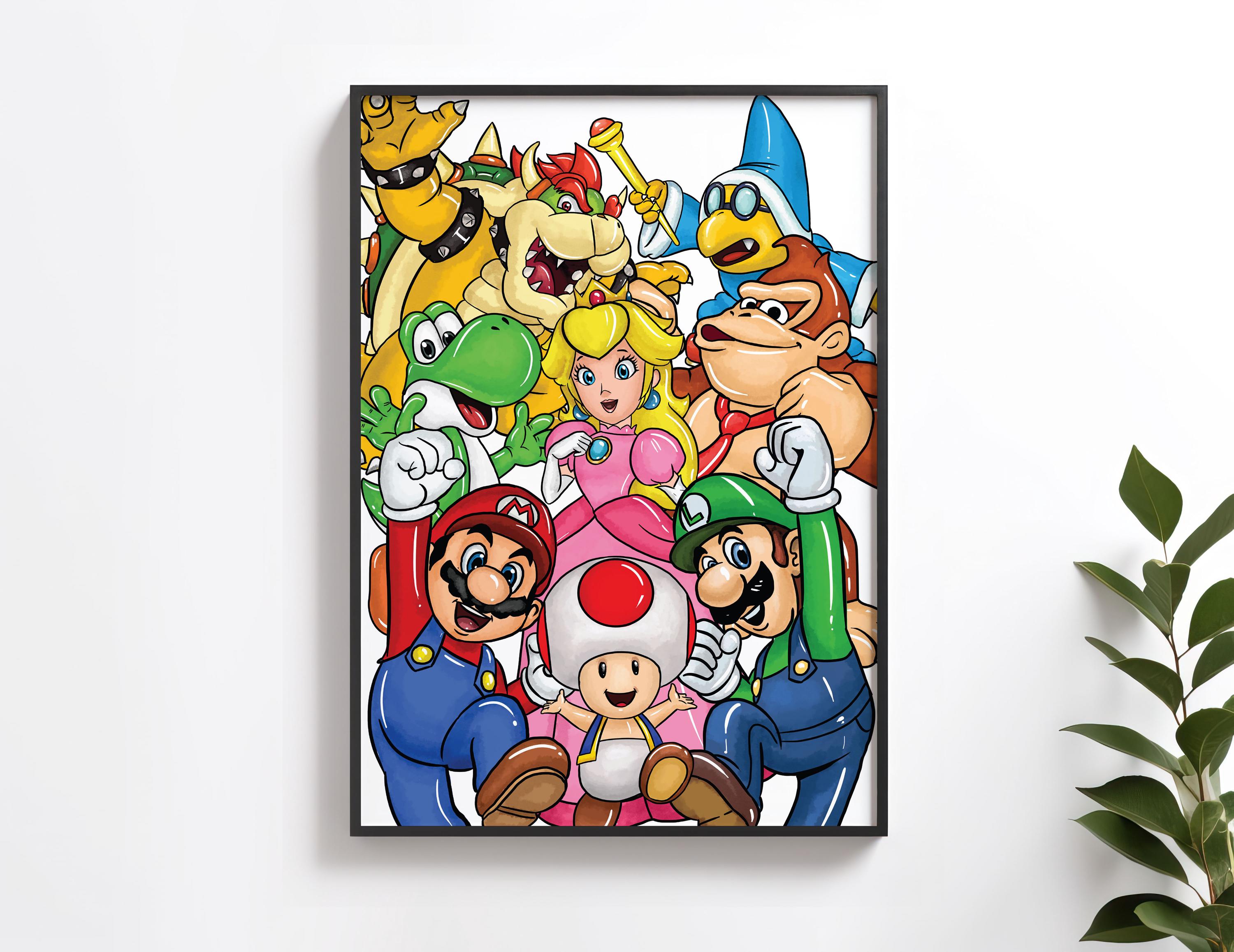 マリオと仲間たちのウォールアート – 子供向けゲームルーム用プリント
