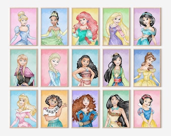 Colorful Princess Wall Art Bundle, Set of 15 Prints, Printed or Framed